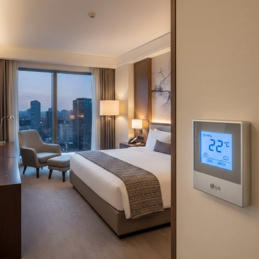climatisation hotel système drv lg vaucluse Chambre d'hôtel moderne avec vue urbaine et thermostat.
