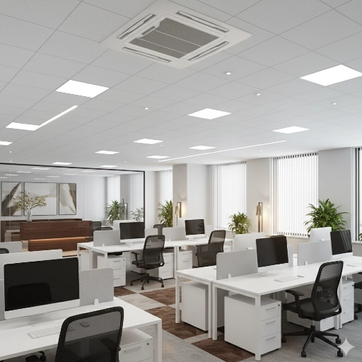 Bureaux modernes avec ordinateurs et plantes.
