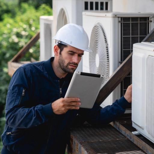 Technicien vérifiant climatiseur tablette main.