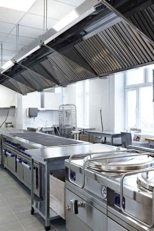 installation de hottes de cuisine professionnelle et ventilation Pertuis Cuisine professionnelle moderne en acier inoxydable.