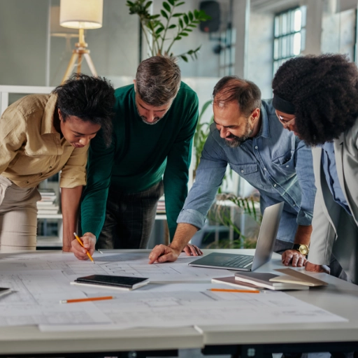 une équipe structurée bureau d’études, installation et sav Collaboration autour d'un bureau avec documents.